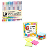 Shuttle Art School & Work Supplies Bundle, 15 Colors Japanese Style Pens + 9 Bright Colors Sticky Notes for Writing Journaling Taking Notes School Shuttle Art