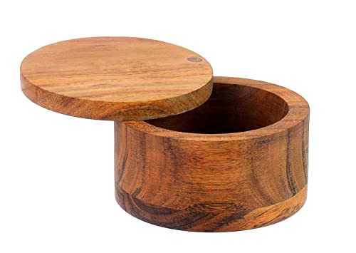 Kaizen Casa Acacia Wood Salt or Spice Box with Swivel Cover perfect for keeping table salt, gourmet salts, herbs or favorite seasonings, close at - WoodArtSupply