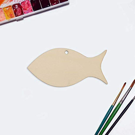 JANOU 20pcs Fish Shape Unfinished Wood Cutouts DIY Crafts Blank Hanging Gift Tags Ornaments with Ropes for Summer Ocean Sea Theme Party Decoration, JANOU