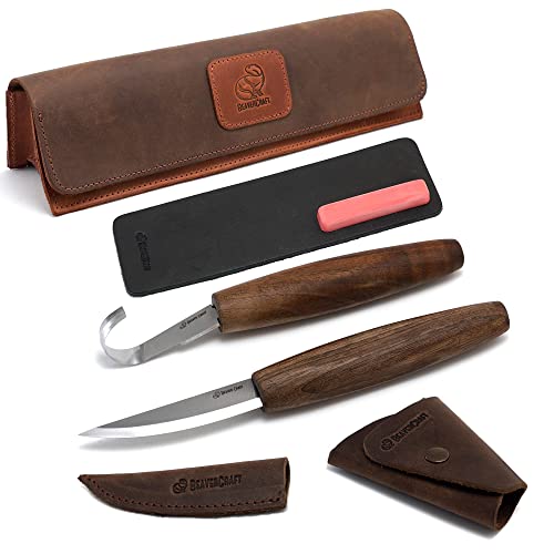 BeaverCraft Deluxe Wood Carving Kit S01X Wood Carving Knife Set - Spoon Carving Kit - Whittling Kit Beginners Sloyd Knife Wood Carving Hook Knife