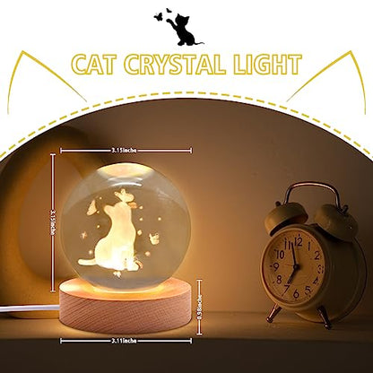 3.15in 3D Cat Figurine Crystal Ball Lamp, Cat Light Lamp with Wooden Base, Cat Gifts for Cat Lovers, Cat Stuff for Cat Lovers, Birthday Christmas