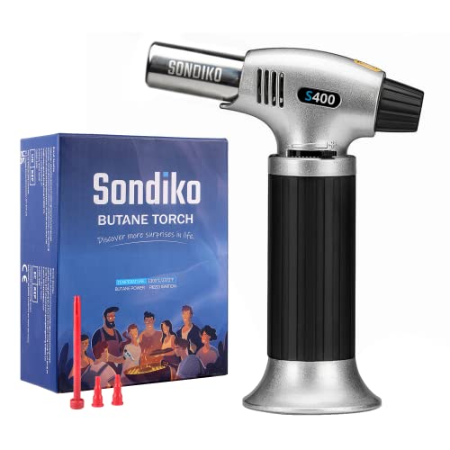 Sondiko Butane Torch S400, Refillable Kitchen Lighter, Fit All Butane Tanks Blow Torch with Safety Lock and Adjustable Flame for Desserts, Creme - WoodArtSupply