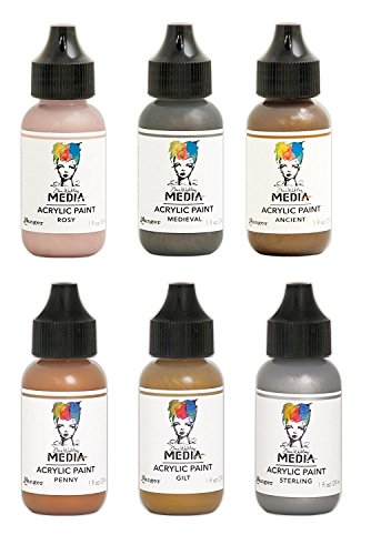 Dina Wakley Metallic Heavy Body Acrylic Paint Bundle - 6 Bottles, 1 Ounce Each - Ancient, Rosy, Medieval, Gilt, Penny and Sterling - WoodArtSupply