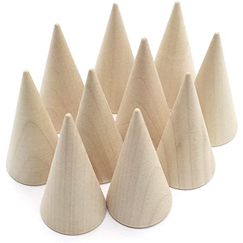 AUEAR, 10 Pack Wood Cone Ring Holder Finger Jewelry Display Stand DIY Craft Wooden Cone (Natural, Vertical Shaped) AUEAR