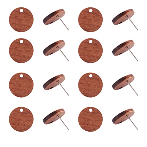 Pandahall 20 Pairs Walnut Wood Flat Round Shape Earring Findings 15mm Coconut Brown Dangle Stud Pendants with 304 Stainless Steel Pin for DIY Wooden
