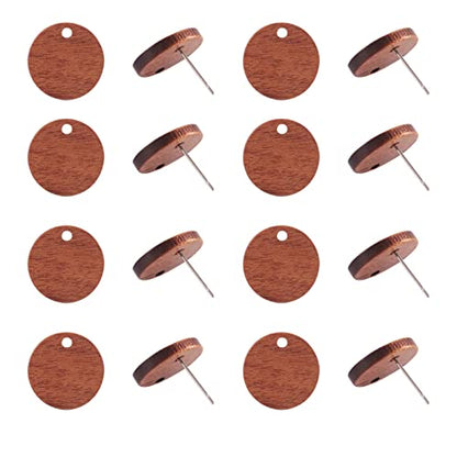 Pandahall 20 Pairs Walnut Wood Flat Round Shape Earring Findings 15mm Coconut Brown Dangle Stud Pendants with 304 Stainless Steel Pin for DIY Wooden