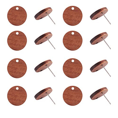 Pandahall 20 Pairs Walnut Wood Flat Round Shape Earring Findings 15mm Coconut Brown Dangle Stud Pendants with 304 Stainless Steel Pin for DIY Wooden