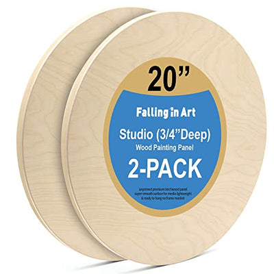 Falling in Art Unfinished Round Birch Wood Panels Kit for Painting, Wooden Canvas 2 Pack of 20 Studio 3/4" Deep, Cradle Boards for Pouring, Art,