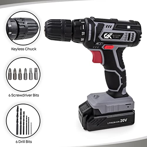 Cordless Drill/Driver Kit, 20V MAX 3/8” Keyless Chuck Compact Drill Set 2.0A Battery, Charger, 18+1 Torque Clutch, 0-650 No Load Speed, 309 In-lbs CottonKing