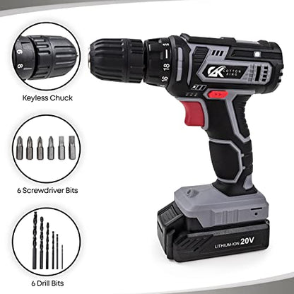 Cordless Drill/Driver Kit, 20V MAX 3/8” Keyless Chuck Compact Drill Set 2.0A Battery, Charger, 18+1 Torque Clutch, 0-650 No Load Speed, 309 In-lbs
