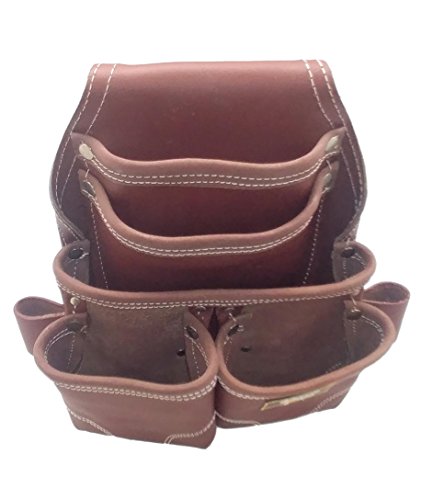 LEATHER GOLD Nail Pouch | Leather Tool Pouch 3350DP, 5 Pockets, Brown, Oil-Tanned Leather, Heavy Duty Carpenter Tool Belt with Reinforced Seams and 2 Leather Gold