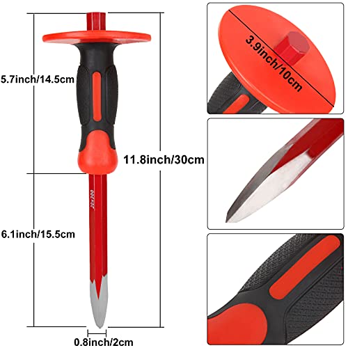 RHBLME 4PCS Masonry Chisel with Hand Protection, 12 Inch Heavy Duty Chisel Set - 2 PCS Flat Head Chisel & 2 PCS Pointed Head Chisel - Used for RHBLME