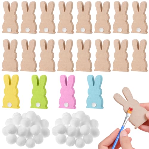 40 Pieces Easter Wooden Bunny Cutouts Unfinished Peep Bunny Table Wooden Signs with 22 White Felt Balls, Blank Bunny Wood Shaped Craft Tags, and 30