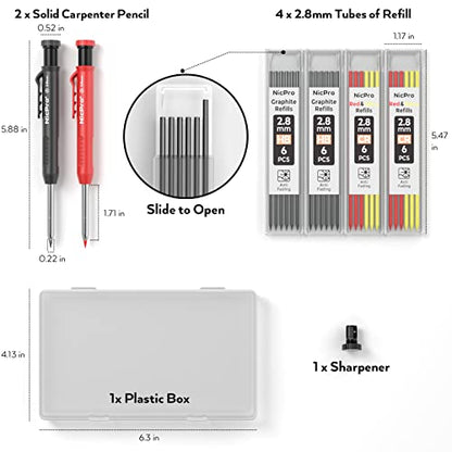 Nicpro Carpenter Pencil with Sharpener, Mechanical Pencils Set with 26 Refills, Deep Hole Marker for Construction, Heavy Duty Woodworking Pencils for - WoodArtSupply