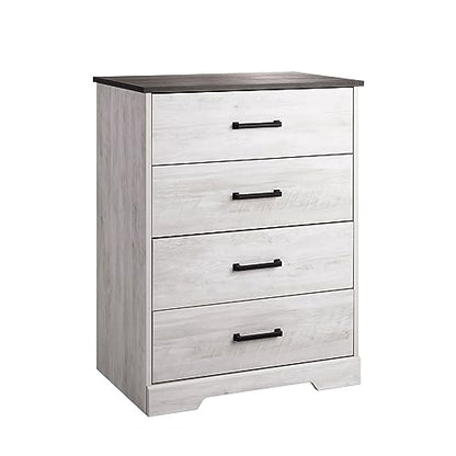 Prepac Rustic Ridge Farmhouse Chest, Wooden Bedroom Dresser with 4 Storage Drawers, 18.25in x 27.5in x 35.5in, Washed White - WoodArtSupply