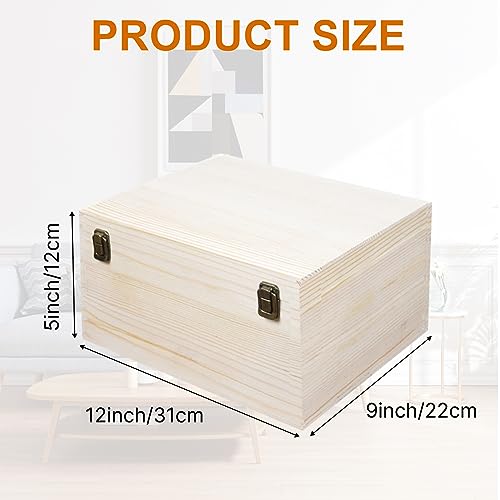 Voittozege Unfinished Wooden Box,12 x 9 x 5 Inch Natural Wood Boxes Large Wooden Box with Hinged Lid and Front Clasp DIY Wood Boxes Craft Stash Boxes