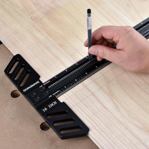 GOINGMAKE Woodworking T-Square 16 Inch Aluminum Alloy T Square Ruler 1/32" Hole Scrbing Guides Positioning Scribe Tool Precision Woodworking Ruler - WoodArtSupply