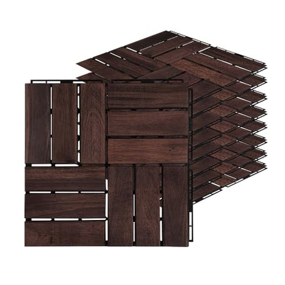 Acacia Hardwood Interlocking Deck Tiles - Walnut Grid - 12"×12" 9pcs - Floor Tiles for Patio and Deck Use Natural Wood Outdoor Decking and Flooring,