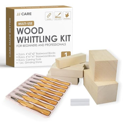 JJ CARE Wood Carving Kit [8 SK7 Carving Knives with Beechwood Handle, 10 Basswood Carving Blocks, and 1 Grinding Stone] - Beginner Wood Carving Kit,