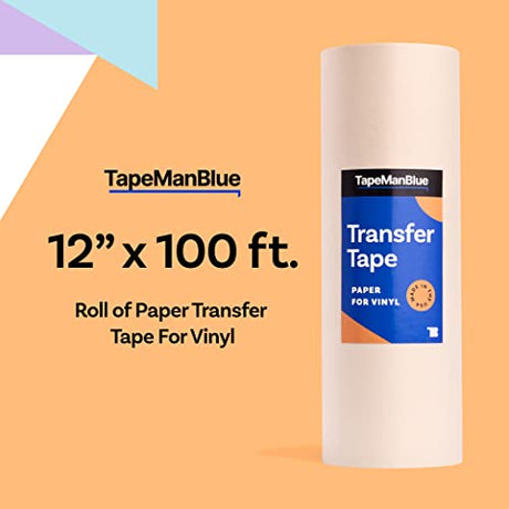 12" x 100' Roll of Paper Transfer Tape for Vinyl, Made in America, Premium-Grade Transfer Paper for Vinyl with Layflat Adhesive for Cricut Vinyl TapeManBlue