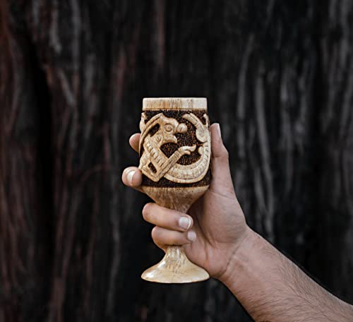 Handmade 6oz Wooden Wine chalice for Men Women (Jörmungandr Style) with Hand Pyrography Woodburning - Viking-Style Drinking Vessel| Tankard| Wood - WoodArtSupply