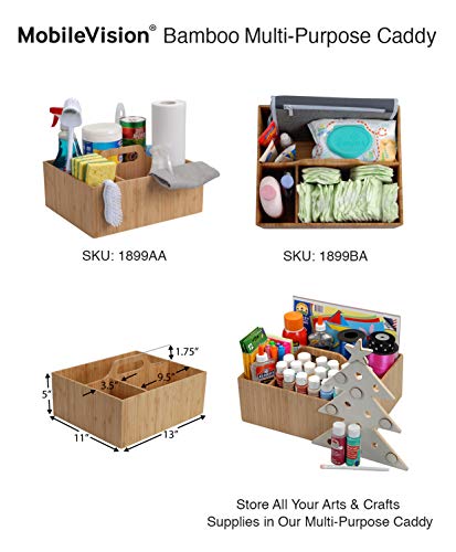 MobileVision Bamboo Multi-Purpose Caddy with Handle, 3 Sections, Sturdy Durable Carrier for Cleaning Supplies, Spray Bottles, Towels, Sponges and MobileVision