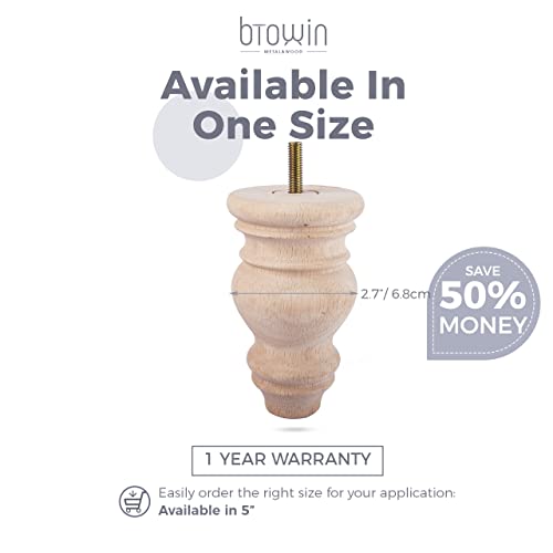 5 inch Unfinished Wooden Bun Feet, Btowin 4Pcs Solid Wood Furniture Legs with Threaded 5/16'' Hanger Bolts & Mounting Plate & Screws for Sofa Couch Btowin