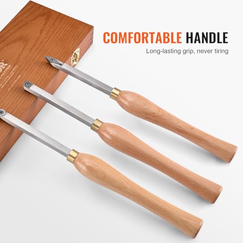 VEVOR Wood Lathe Chisel Set, 3 PCS Woodworking Turning Tools, Includes Square, Round, Diamond Carbide Blades, 7.87" Comfortable Grip Handles, Wood VEVOR