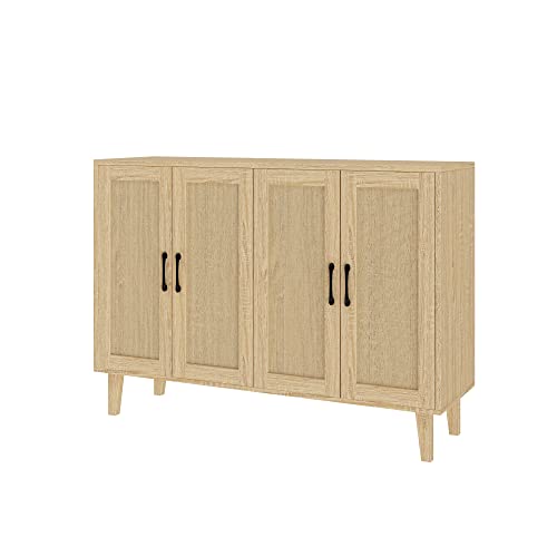 Panana Buffet Storage Cabinet with Rattan Decorating 4 Doors Living Room Kitchen Sideboard 48.43 x 34.65 x 15 inch (Natural Wood) Panana