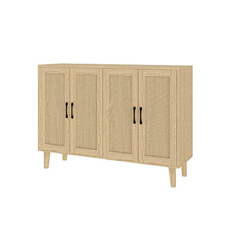 Panana Buffet Storage Cabinet with Rattan Decorating 4 Doors Living Room Kitchen Sideboard 48.43 x 34.65 x 15 inch (Natural Wood) Panana