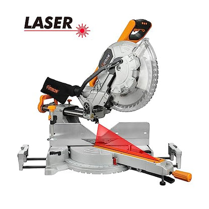 Hoteche 12-Inch Sliding Miter Saw Dual Bevel Compound Chop Saw with Laser Guide 9 Positive Stops Table Saw for Woodworking with TCT Saw Blade
