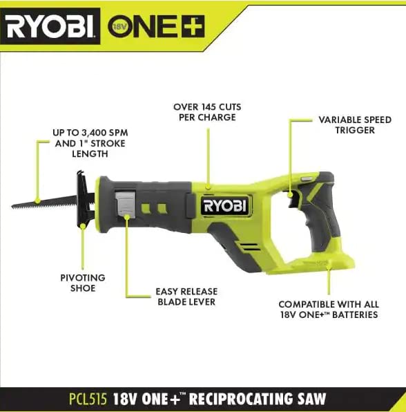 RYOBI ONE+ 18V Cordless Reciprocating Saw (Tool Only), PCL515B - WoodArtSupply