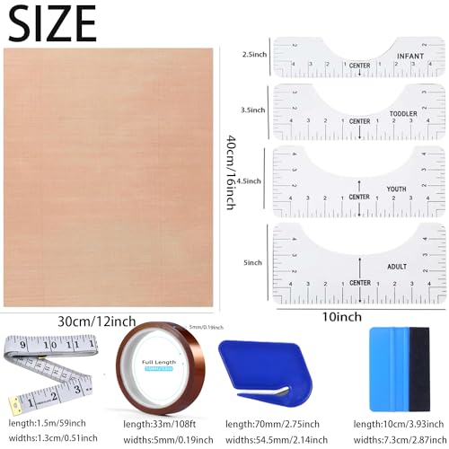 YOUlDIANZI Sublimation Shirts Tool Kits - 4 T Shirt rulers, 3Pack Teflon Sheet for Heat Press 16 x 20in - 3 Rolls Heat Resistant Tape,1 Tape