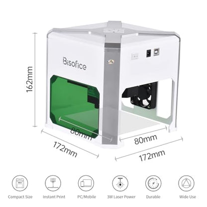 Bisofice K6 Mini Laser Engraving Machine with 0.05mm Accuracy, 3W Laser Power, for Household Woodwork, Wireless BT App Control, Offline Engraving for - WoodArtSupply