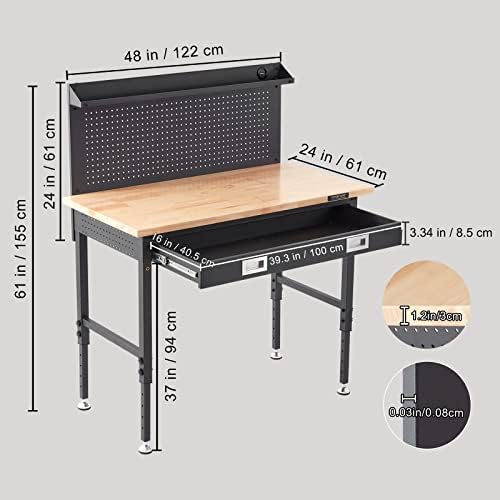 VEVOR Workbench Adjustable Height 28-39.5" Work Bench for Garage Oak Plank & Carbon Steel Heavy Duty Workbench 2000lbs Weight Capacity Bench top Size VEVOR