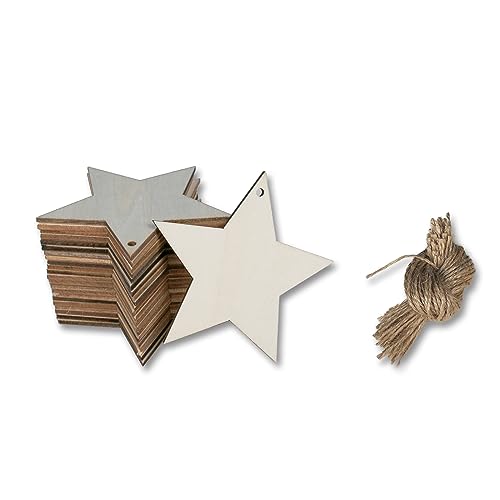 Meetppy 50 Pieces 3.13 Inch Stars Shape Unfinished Wood Cutouts Crafts Blank Natural Wood Hanging Ornaments with Twines for DIY Crafts Home - WoodArtSupply