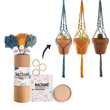 Macrame Kit, Makes 3 DIY Plant Hangers for Teens & Adult Beginners, Craft Supplies for Boho Art Project-3 Custom Color Macrame Cord, Wooden Rings & Aesthetic Creative
