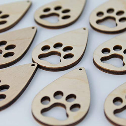 ALL SIZES BULK (12pc to 100pc) Unfinished Wood Wooden Laser Cutout Puppy Dog Paw Prints Teardrop Dangle Earring Jewelry Blanks Charms Shape Crafts