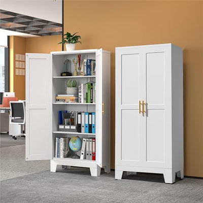 RISTERN White Metal Storage Cabinet, 61" Steel File Cabinet for Home Office, Kitchen Pantry Storage Cabinet with Doors and 3 Adjustable Shelves, Tool