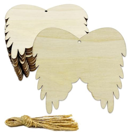 30pcs Unfinished Angel Wings Wood DIY Crafts Cutouts Wooden Angel Wings Shaped Hanging Ornaments with Hole Hemp Ropes Gift Tags for Wedding Birthday JEKEJIAJIU