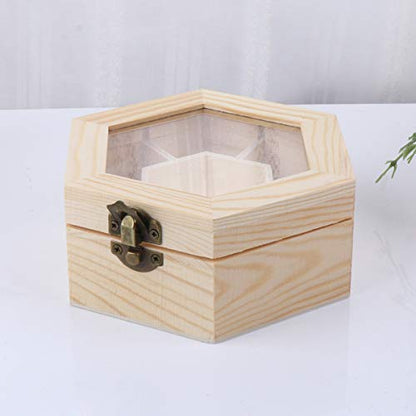 EXCEART Wood Jewelry Storage Box with Hinged Lid Window DIY Hexagon Jewelry Display Case Desktop Compartment Sundries Organizer Unfinished Holder Box