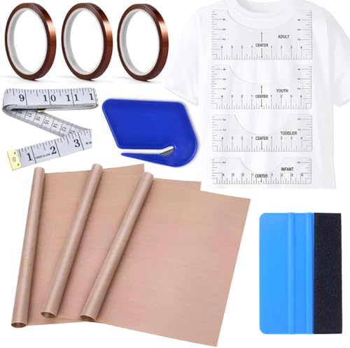 YOUlDIANZI Sublimation Shirts Tool Kits - 4 T Shirt rulers, 3Pack Teflon Sheet for Heat Press 16 x 20in - 3 Rolls Heat Resistant Tape,1 Tape Measure,1Squeegee for Vinyl