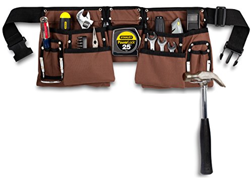 11 Pocket Brown and Black Heavy Duty Construction Tool Belt, Work Apron, Tool Pouch, with Poly Web Belt Quick Release Buckle - Adjusts from 33”