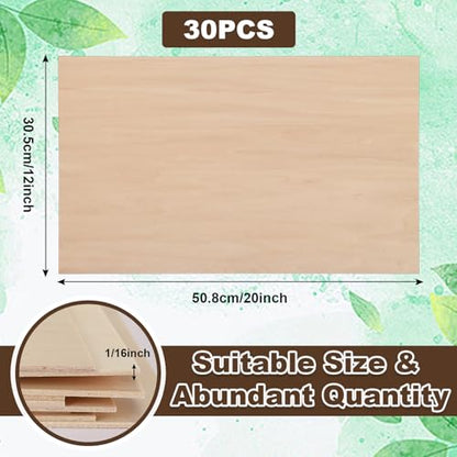 Sasylvia 30 Sheets Balsa Wood Sheets 12 x 20 x 1/16 Inch Basswood Sheets for Crafts Plywood Sheets Unfinished Wooden Boards Rectangular Wood Planks