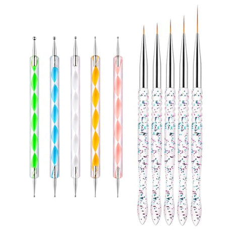 Gembityful Nail Dotting Tools 10 Pcs Kit 5 pcs Double-end Nail Dotting tools and 5 Pcs Nail Liner Brushes GEMBITYFUL
