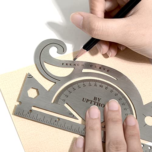UPTTHOW Leather Tools French Curve Protractor Triangles Andcircle Gauge All-in-one Combine Tool Multifunctional Stainless Steel Ruler for UPTTHOW