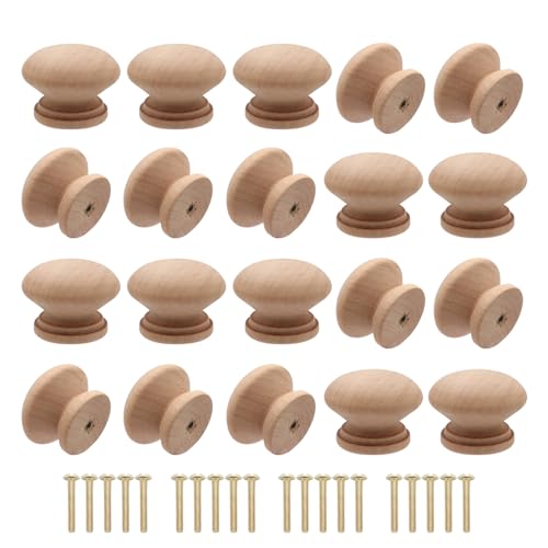 Cangder 20Pcs Wood Dresser Knobs, Unfinished Mushroom Shape Wooden Furniture Cabinet Knobs Single Handle Pulls with Screws (Diameter :1.34 inches, Cangder