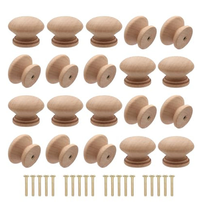 Cangder 20Pcs Wood Dresser Knobs, Unfinished Mushroom Shape Wooden Furniture Cabinet Knobs Single Handle Pulls with Screws (Diameter :1.34 inches,