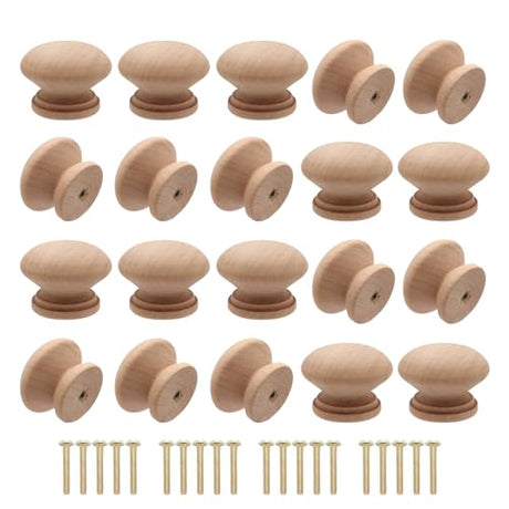 Cangder 20Pcs Wood Dresser Knobs, Unfinished Mushroom Shape Wooden Furniture Cabinet Knobs Single Handle Pulls with Screws (Diameter :1.34 inches, Cangder