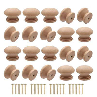 Cangder 20Pcs Wood Dresser Knobs, Unfinished Mushroom Shape Wooden Furniture Cabinet Knobs Single Handle Pulls with Screws (Diameter :1.34 inches,